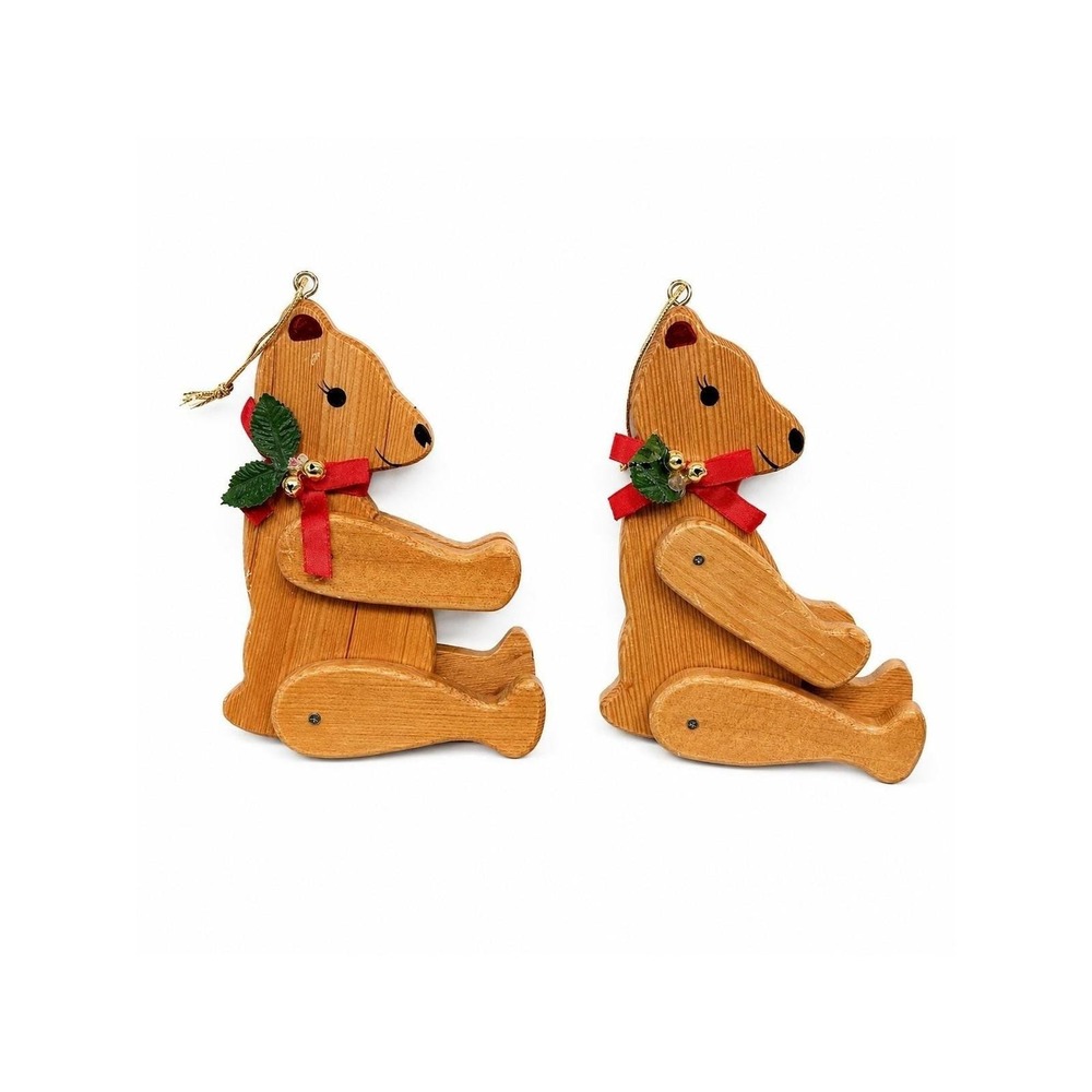 Vintage 2 Teddy Bear Wood Christmas Ornament Moving Arms Legs